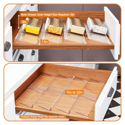 8 Pack Adjustable In Drawer Spice Organizer - Expandable From 11'' to 22'' - Acrylic Drawer Seasoning Organizer,Clear Spice Organization Tray for Cabinet Drawers Condiment,Nail Polish and Jar
