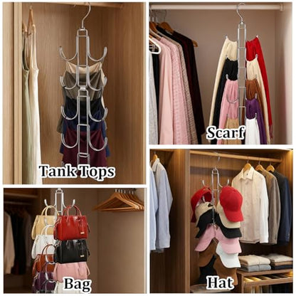 4 Pack Purse Organizer for Closet, Purse Hanger with 10 Big Hooks, 360 Degree Rotation Bag Holder for Organizer Display, Foldable Space Saving Hangers Rack for Handbag, Belt, Scarve, Tie