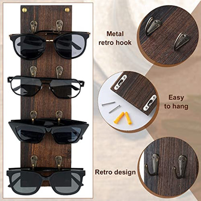 Set of 2 Rustic Mounted Sunglasses Storage Organizer Wood Eyeglasses Holder Sunglass Rack Eyeglasses Display Rack with Metal Hooks Glasses Wall Decor Hanging Jewelry Organizers for Home