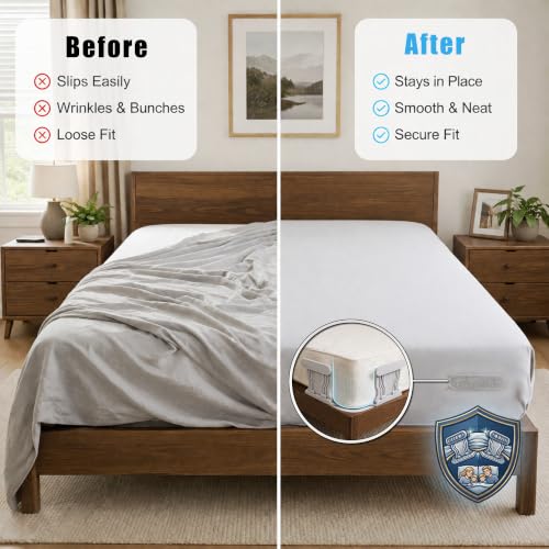 Bed Sheet Holders for Corners, 4 Pack Sheet Fasteners | Fitted Sheet Holder Keeps Sheets Tight & Wrinkle-Free, Zigzag Lock, No-Lift Install, Fabric-Safe, Fits King Queen Full Twin