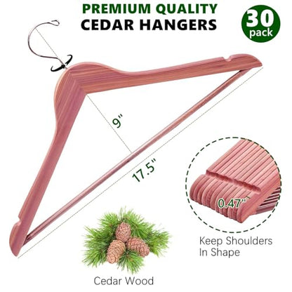 Amber Home 30 Pack Natural Red Cedar Wooden Suit Coat Hangers for Closet | Wooden Clothes Hangers with Non-slip Pants Bar, Cedar Hangers for Shirts, Jackets, Dresses, and Pants