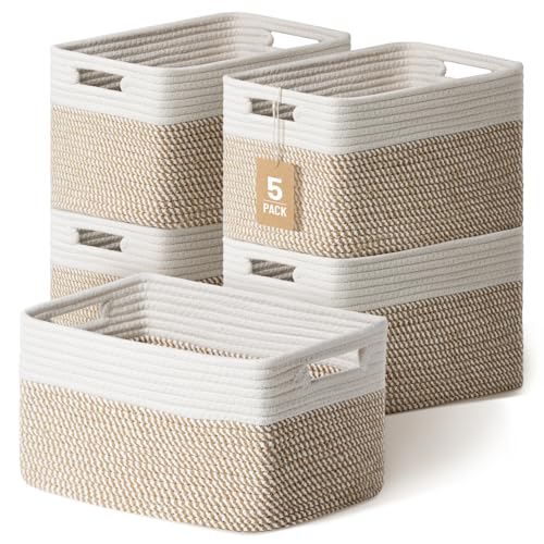 5 Pack Woven Storage Baskets, Decorative Storage Bins for Organizing | 13.8'' × 9.8'' × 7.9'', Cotton Rope Basket Organizer for Closet, Shelves, bathroom, Nursery, Toys, Books, Pantry, Khaki/White