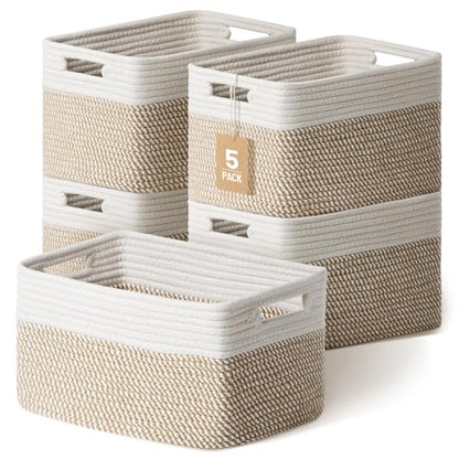 5 Pack Woven Storage Baskets, Decorative Storage Bins for Organizing | 13.8'' × 9.8'' × 7.9'', Cotton Rope Basket Organizer for Closet, Shelves, bathroom, Nursery, Toys, Books, Pantry, Khaki/White
