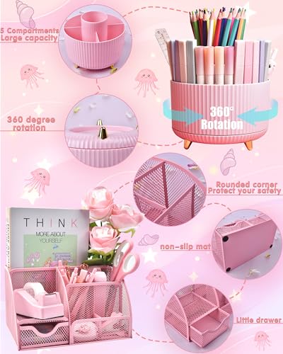 21Pcs Pink Desk Organizers and Accessories With Mesh Desk Organizer and 360°Rotating Pen Holder and a Lot of Office Pink Office Supplies Beautifully Presented in a Gift Box