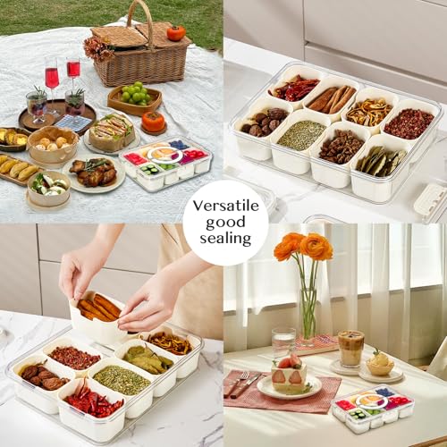 Dunruz Snackle Box Container,Portable Snack Box 8 Compartment Divided Serving Tray with Lid,Clear Storage Organizer for Fruit Candy Nuts Veggie-Perfect for Road Travel Party