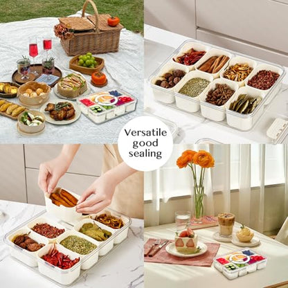 Dunruz Snackle Box Container,Portable Snack Box 8 Compartment Divided Serving Tray with Lid,Clear Storage Organizer for Fruit Candy Nuts Veggie-Perfect for Road Travel Party