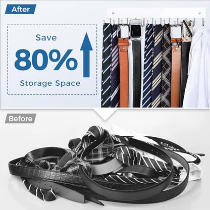 Belt Hanger Wall Mounted, Wooden Coat Rack Belt Organizer 2 Pack | Max 24 Storage Capacity, 180° Rotating Space Saving Hangers for Ties, Tank Tops, Scarves, Bras, Keys, Bags White