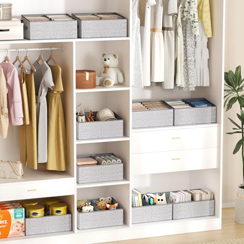 DIMJ Large Closet Shelf Organizer Bins 6 Packs with Handles and Divider, Fabric Trapezoid Storage Baskets, Foldable Clothes Containers Box for Shelf, Towel, Book, Toy, Purse, Hats, Grey