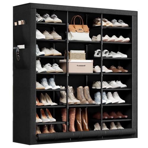 9 Tier Shoe Rack with Cover, Cabinet for 55 Pairs, Black | Large family capacity for boots/heels/sneakers. Reinforced stability. Slim footprint, corner-friendly. Quick no-tool setup.