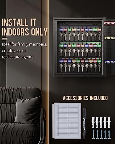 Uniclife 60 Position Steel Key Cabinet with Combination & Key Lock, Black | Wall mount key box, resettable 4-digit code lock, 2 backup keys, thickened steel, large capacity, adjustable racks & labels