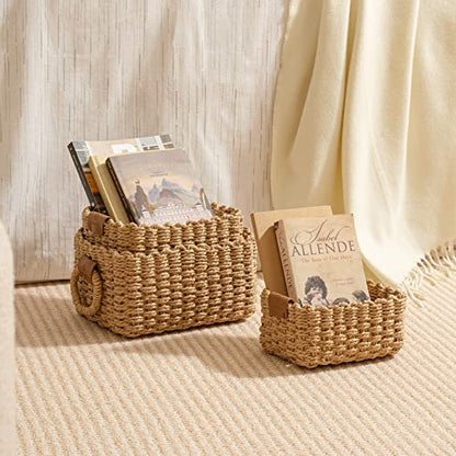 LA JOLIE MUSE Small Wicker Baskets for Organizing, Desert 3 Pack | Decorative Organizer with Vegan Leather Tag, Round Handle, Storage Baskets for Shelves, Bedroom, Kitchen, Office and Home