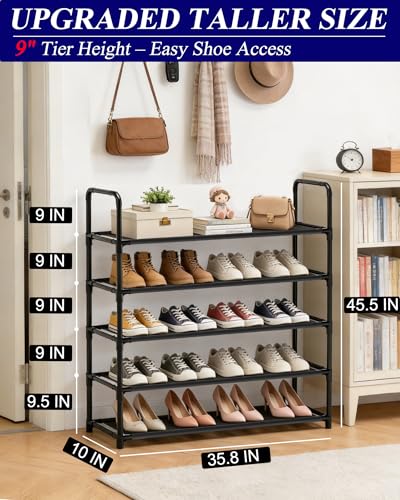 Large Capacity Shoe Rack, 5-Tier Shoe Organizer for Closet, Entryway, Hallway, Holds 20-25 Pairs, Sturdy & Durable Waterproof Fabric Shelf, Space-Saving,Black(35.8" Wide)