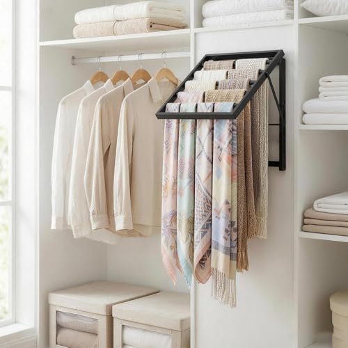 Wall Mounted Tie Rack Organizer, Metal Tie Rack Holds Up to 58 Ties, Adjustable Angle Tie Holder for Closet ,Tie Organizer Wall Mounted, Suitable for Ties, Scarves and Belts Organization (Black)