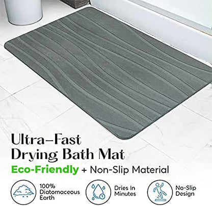 Stone Bath Mat for Bathroom, Diatomaceous Earth Non-Slip Quick Dry, Gray | Super absorbent, quick-drying & easy to clean. Natural material that lasts — restores with light sanding.
