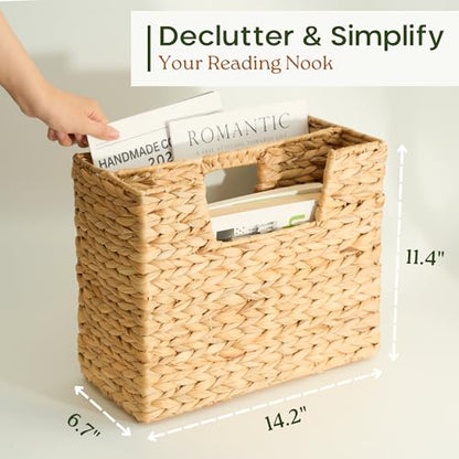 Wicker Magazine Basket Water Hyacinth Handwoven Magazine Holder | Decorative Handwoven Magazine Rack Floor, Organizer for Files, Books, Newspapers, Documents For Office, Living Room, Bathroom