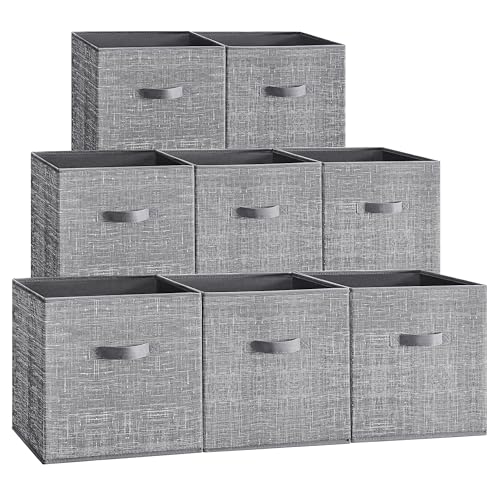 SONGMICS Storage Cubes, 13 x 13 x 13 Inches Non-Woven Fabric Bins with Double Handles, Set of 8, Closet Organizers for Shelves, Foldable, for Clothes, Cattail Gray UROB833G01