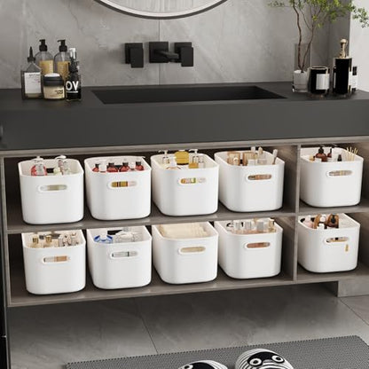 ORGIDOL 10 Pack White Plastic Storage Bins, Storage Container for Organizing, Storage Boxes with Handle for Shelves, Cute Organizer Bins for Craft, Snacks, Pantry, Cabinet, 9.69x6.7x5.7 inch