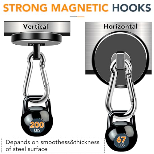 Strong Magnetic Hooks Heavy Duty 200LBS+ Black Swivel Magnet Hook | Neodymium Magnets with Carabiner Hook Magnet Hooks for Curtain Workplace 4 Pack