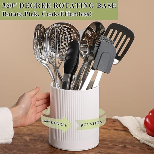 HOMQUEN 360° Rotating Utensil Holder, 6.3''+4.7'' Plastic Kitchen Utensil Holder for Countertop, Large Cooking Utensil Crocks for Kitchen Decor, Utensil Organizer for Spatula, Set of 2 (White)