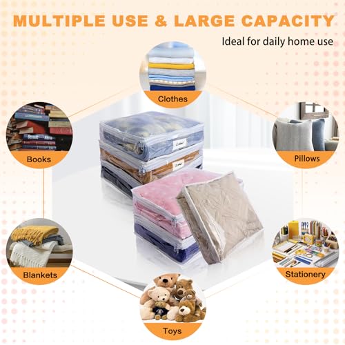 Clear Zippered Plastic Clothes Storage Bags, 6 Pack, White | Clear Storage Bags with Zipper Plastic Storage Bags for Clothes Sweaters Blankets Sheets, Size: 15.7 x 13.8 x 3.9 Inch