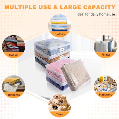 Clear Zippered Plastic Clothes Storage Bags, 6 Pack, White | Clear Storage Bags with Zipper Plastic Storage Bags for Clothes Sweaters Blankets Sheets, Size: 15.7 x 13.8 x 3.9 Inch