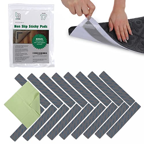 Rug Gripper for Hardwood Floors, Reusable Rug Tape, 17 Pack | Adhesive Rubber Pads, Square 90-Degree Corners, for Hardwood, Laminate, LVP and Tile, Trims to Fit