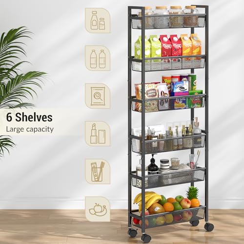ThreeHio 6 Tier Slim Storage Cart, Narrow Cart with Wheels, Metal Mobile Shelving Unit Organizer for Kitchen, Bathroom, Laundry Room, Living Room & Narrow Spaces, Black, 6in(W)