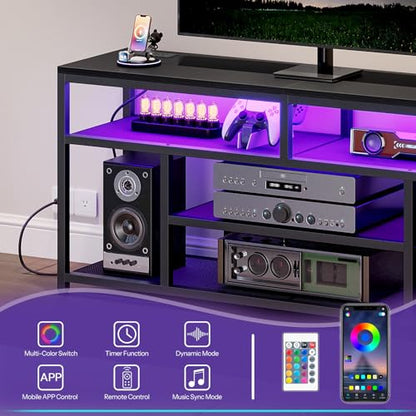 HOOBRO LED TV Stand with Charging Station, 4-Tier Entertainment Gaming Center, Modern Media Console Table, Open Shelves, 55.1"L x 13.8"W x 26.2"H, for TVs up to 65", for Living Room, Black BB47UDDS01