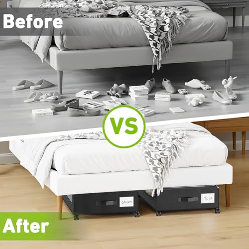 Under Bed Storage with Wheels, 2-Pack Underbed Storage Containers with Clear Lids, Under Bed Shoe Storage Organizer, Rolling Under the Bed Storage Bins for Clothes Shoes Blankets (Black)