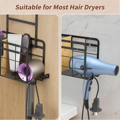 2 Pack Hair Tool Organizer - Hair Dryer Holder Wall Mounted/Cabinet Door - Adjustable Height Blow Dryer Holder - Curling Irons Storage with 2 Hooks (Black)