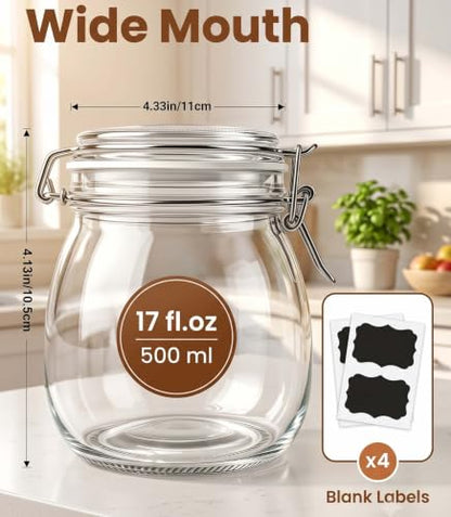 17 oz Glass Jars 4Pack with Airtight Lids,Wide Mou... (Clear | Glass, Silicone)