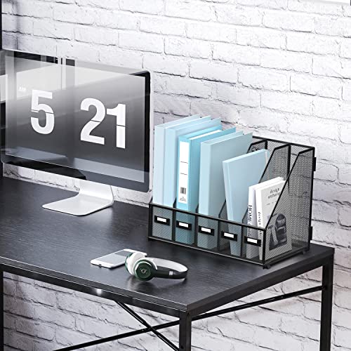 Desk Organizers Metal Desk Magazine File Holder with 5 Vertical Compartments Rack File Organizer for Office Desktop, Classroom, Home Workspace, Black