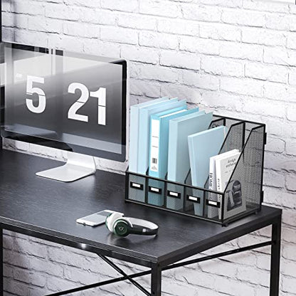 Desk Organizers Metal Desk Magazine File Holder with 5 Vertical Compartments Rack File Organizer for Office Desktop, Classroom, Home Workspace, Black