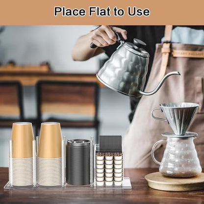 Acrylic Cup and Lid Holder with Straw Organizer | Adjustable Coffee Cup Holder Organizer, 5 Compartment Cup Dispenser for Disposable Paper & Plastic Cups, for Home Countertop