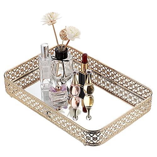 ELLDOO Gold Mirror Glass Perfume & Makeup Vanity Tray, Medium Size | Hollow-Carved Jewelry Storage, Metal Trinket Organizer for Dresser Bathroom Countertop Home Decor