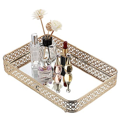 ELLDOO Gold Mirror Glass Perfume & Makeup Vanity Tray, Medium Size | Hollow-Carved Jewelry Storage, Metal Trinket Organizer for Dresser Bathroom Countertop Home Decor