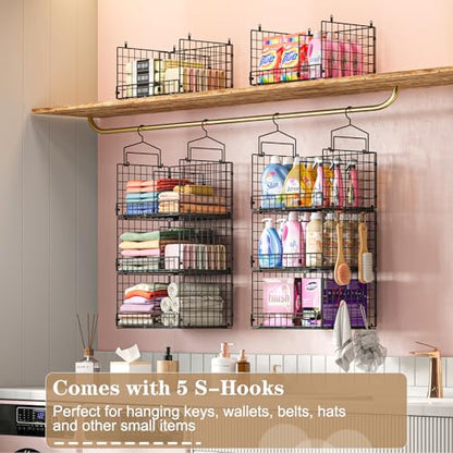 3-Tier Extra Large Closet Hanging Organizer with Dividers, Clothes Hanging Shelves with 2 Hanging Hooks & 5 S-Hooks, Wire Storage Baskets for Sweaters, Shoes, Handbags & Accessories
