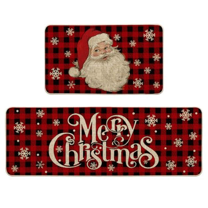 Artoid Mode Buffalo Plaid Snow Santa Claus Christmas Kitchen Rugs Set of 2, Winter Low-Profile Floor Mat Merry Christmas Decorations for Home Kitchen - 17x29 and 17x47 Inch