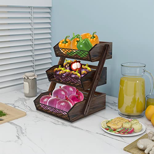 Dorhors Fruit Basket for Kitchen Counter Organizer,Fruit Bowl Stand Storage | 3 tier Rustic Brown Vegetable Holder,Wood Bread Display Rack,Kitchen Countertop Organizer Shelf for Snack,Onion,Banana,Potato