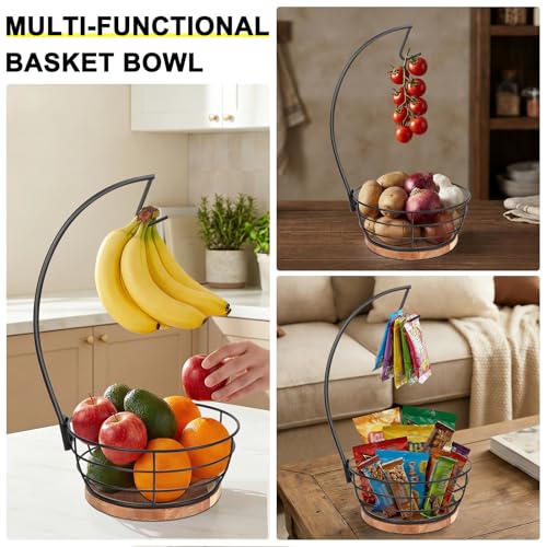 Countertop Fruit Basket Bowl with Banana Hanger, Modern Standing Fruit Vegetable Bowl Storage, with Banana Tree Holder for Kitchen Dinning Table (Round Wood, Black)