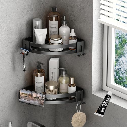 Corner Shower Caddy with Razor Holder Adhesive Shower Shelf Corner No Drilling Bathroom Corner Shower Organizer Storage Rack (2-Pack, Black)