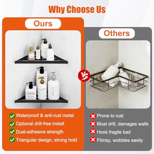 Shower Caddy Storage, Triangle Corner Shelf with Adhesive Glue | Metal Bathroom Shelf Storage, Adhesive or Screw Wall Mounted Corner Shower Rack, Black Rustproof Bath Organizer Accessory