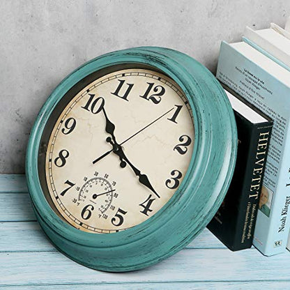 12 Inch Indoor/Outdoor Retro Waterproof Wall Clock with Thermometer,Vintage Battery Operated Silent Non Ticking Quartz Clock Wall Decorative for Kitchen/Bedroom/Living Room/Bathroom/Patio-Olive green
