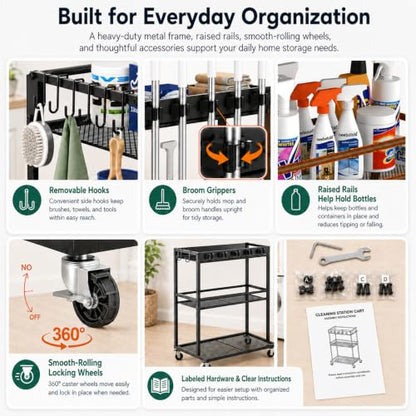 Cleaning Supplies Organizer Cart with Wheels, Broom and Mop Holder with 5 Grippers, 6 Hooks, 3 Shelves, Rolling Broom Closet Storage Rack for Laundry Room, Kitchen, Bathroom, Garage, Poolside