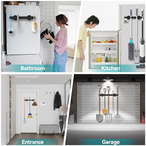 Magnetic Mop Broom Holder, Strong Non Slip Magnetic Broom Mop Hanger, Heavy Duty Magnetic Hooks for Hanging Shovel Rake Tools, Wall Mounted Utility Storage Magnet Rack 4 Rack
