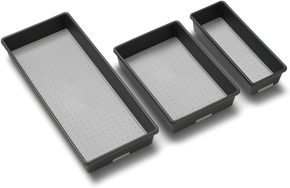madesmart Classic 3 Bin Drawer Organizer Set, Granite | non slip feet, rounded corners, modular layout, mixed sizes, custom fit, office craft supplies, makeup tools, woman owned