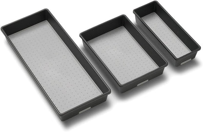 madesmart Classic 3 Bin Drawer Organizer Set, Granite | non slip feet, rounded corners, modular layout, mixed sizes, custom fit, office craft supplies, makeup tools, woman owned