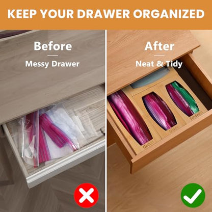 CRAKTH Plastic Bag Storage Organizer for Kitchen Drawer, Bamboo | Space-Saving, Set of 4 Separate, Food Bag Storage Holders, Fits Gallon, Quart, Sandwich, Snack Variety Size Bags