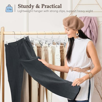 HOUSE DAY Clear Pants Hangers with Clips 10 Pack, 14'' Skirt Hangers | No-Mark Clip Hangers with Stronger Grip, Adjustable Clips for Jeans, Pants, Skirts and Shorts, Bulk Closet Hangers