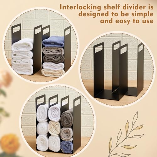 Set of 2 Towel Organizer for Closet Shelf, Interlocking Metal Towel Storage Organizer for Bathroom, Storage Rack with Divider for Linen Closet, Cabinet and Home Organization (Black)